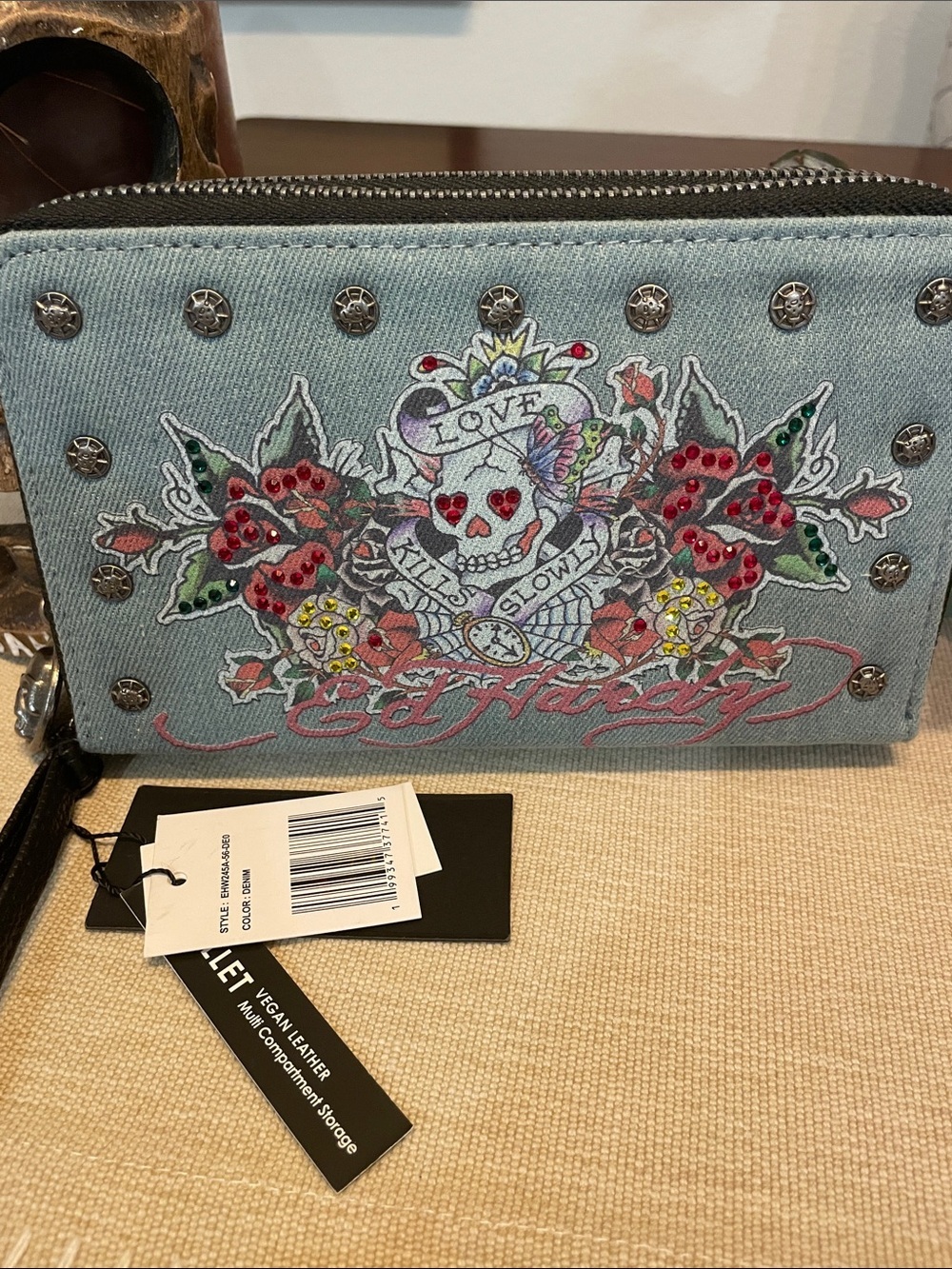 Ed Hardy Love Kills Light Blue Denim Skull Floral Stud Zip Wristlet Wallet